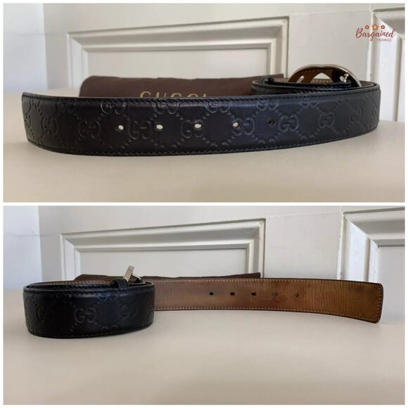 Authentic Gucci Black Guccissima Leather Silver Interlocking G Buckle Belt 85/32 - Picture 11 of 13
